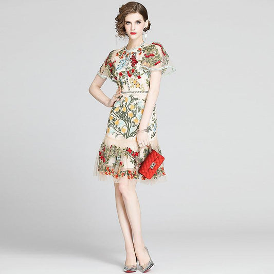 Fashion Runway Handcrafted Summer Dress Women's Flare Sleeve Floral Embroidery Elegant Mesh Hollow Out Mini Dresses - Alexel Crafts