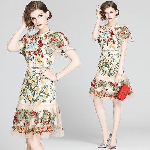 Fashion Runway Handcrafted Summer Dress Women's Flare Sleeve Floral Embroidery Elegant Mesh Hollow Out Mini Dresses - Alexel Crafts