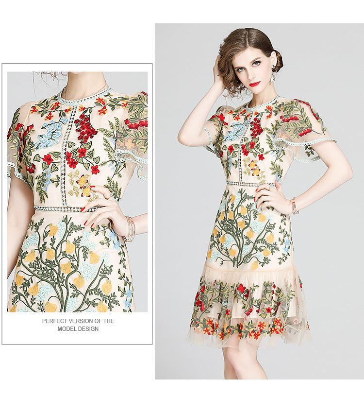 Fashion Runway Handcrafted Summer Dress Women's Flare Sleeve Floral Embroidery Elegant Mesh Hollow Out Mini Dresses - Alexel Crafts