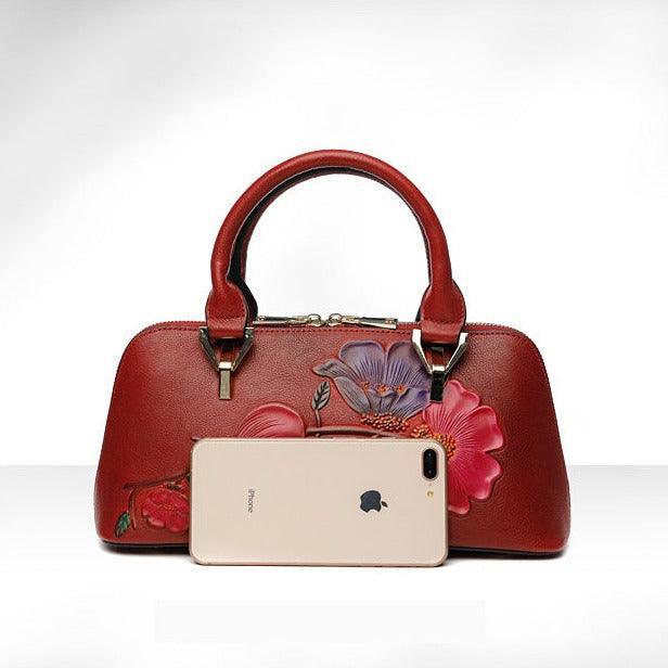 Floral Elegance Cowhide Leather Shoulder Bag | Handcrafted Embossed Banquet Bag - Alexel Crafts