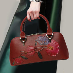 Floral Elegance Cowhide Leather Shoulder Bag | Handcrafted Embossed Banquet Bag - Alexel Crafts