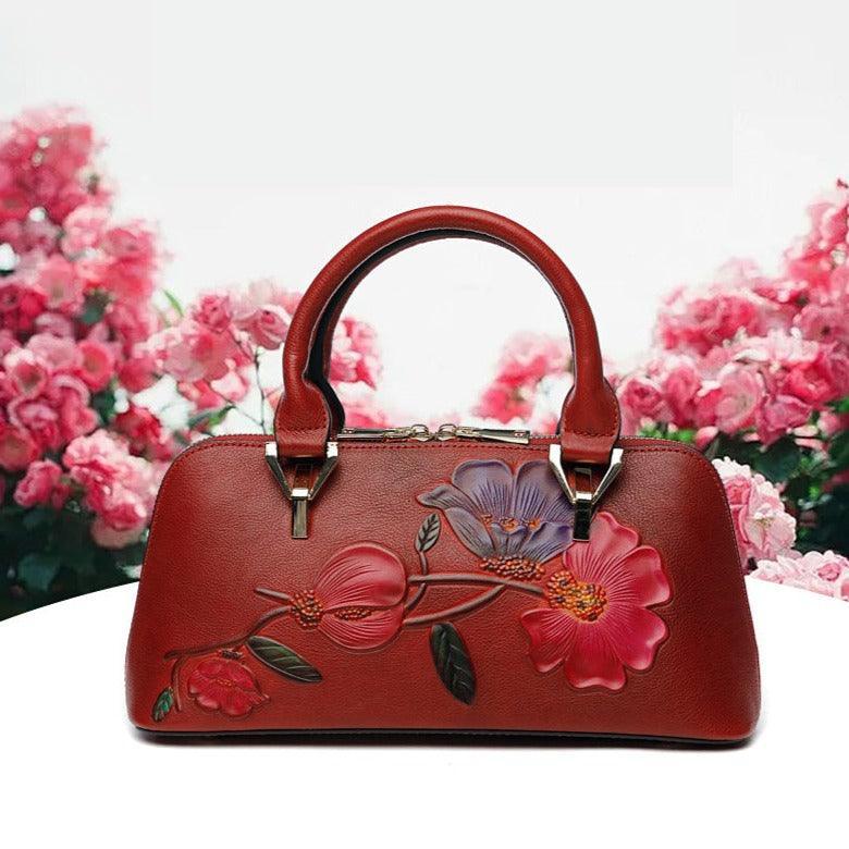 Floral Elegance Cowhide Leather Shoulder Bag | Handcrafted Embossed Banquet Bag - Alexel Crafts