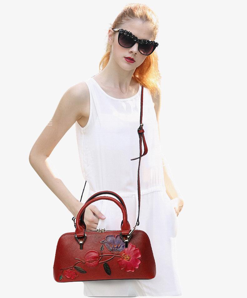 Floral Elegance Cowhide Leather Shoulder Bag | Handcrafted Embossed Banquet Bag - Alexel Crafts