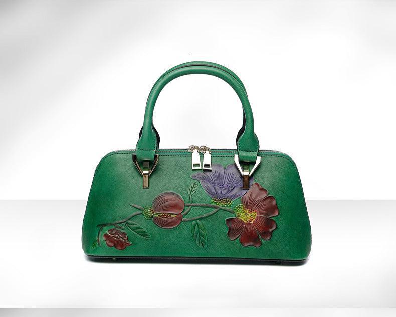 Floral Elegance Cowhide Leather Shoulder Bag | Handcrafted Embossed Banquet Bag - Alexel Crafts