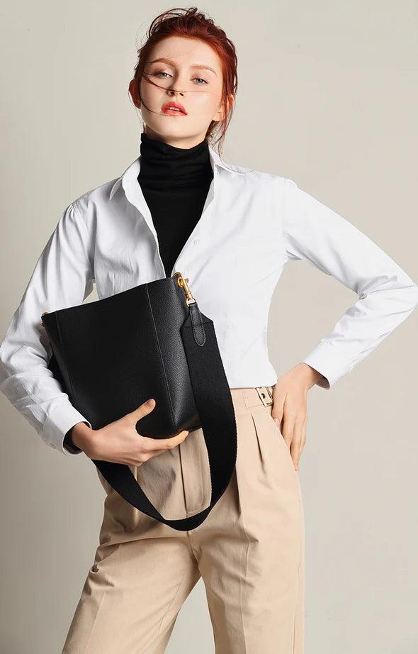 Genuine Leather Bucket Bag, Minimalist Classic Leather Tote Bag, Fashion Designer Shoulder Bag Wide Strap Tan, Green, Blue, Gift For Her - Alexel Crafts