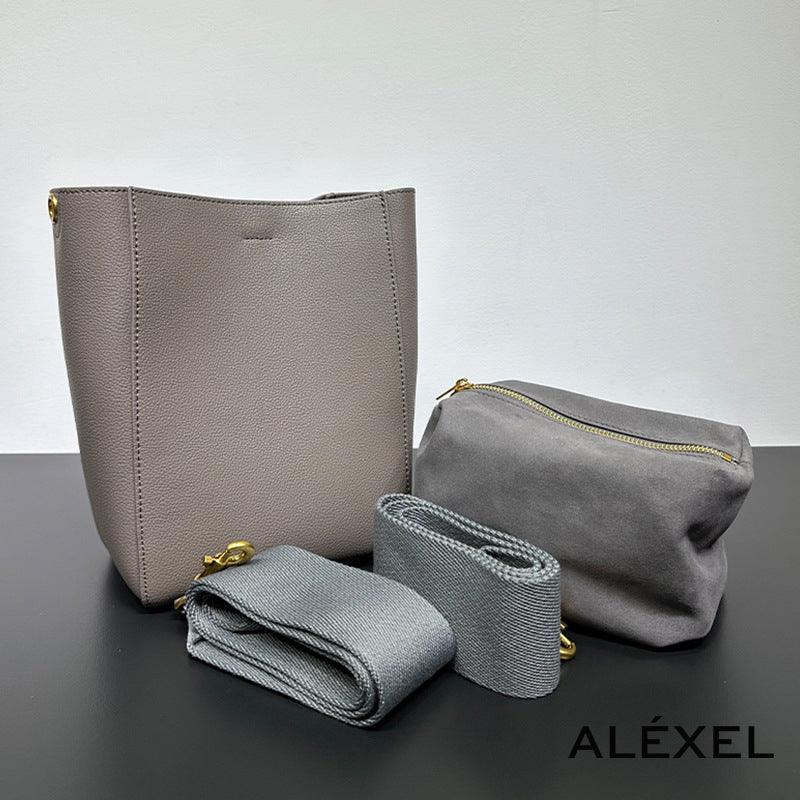 Genuine Leather Bucket Bag, Minimalist Classic Leather Tote Bag, Fashion Designer Shoulder Bag Wide Strap Tan, Green, Blue, Gift For Her - Alexel Crafts