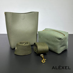 Genuine Leather Bucket Bag, Minimalist Classic Leather Tote Bag, Fashion Designer Shoulder Bag Wide Strap Tan, Green, Blue, Gift For Her - Alexel Crafts