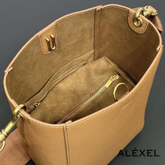 Genuine Leather Bucket Bag, Minimalist Classic Leather Tote Bag, Fashion Designer Shoulder Bag Wide Strap Tan, Green, Blue, Gift For Her - Alexel Crafts