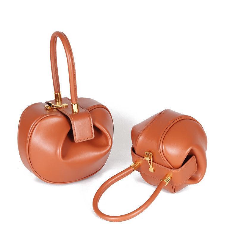 Genuine Leather Designer Round Handbag, Fashion Dumpling Pouch, Lady Elegant Lock Leather Bag, Leather Doctor Bag, Christmas Gift For Her - Alexel Crafts