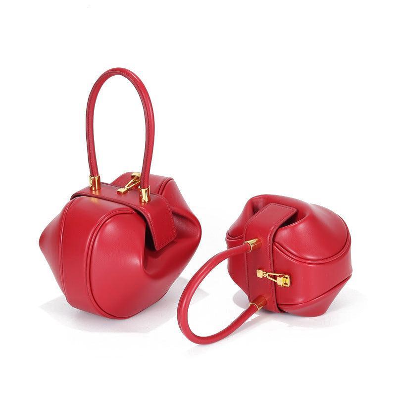 Genuine Leather Designer Round Handbag, Fashion Dumpling Pouch, Lady Elegant Lock Leather Bag, Leather Doctor Bag, Christmas Gift For Her - Alexel Crafts