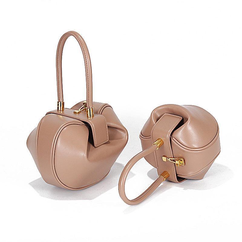 Genuine Leather Designer Round Handbag, Fashion Dumpling Pouch, Lady Elegant Lock Leather Bag, Leather Doctor Bag, Christmas Gift For Her - Alexel Crafts