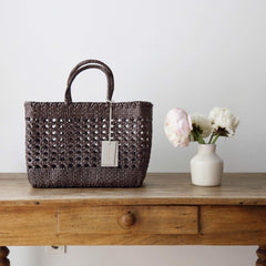 Genuine Leather Hand Woven Cuboid Shaped Ladies Tote Bag | Open Rattan Woven Triple Jump Bamboo Ladies Hobo Holiday Bag, Weekend Basket Bag - Alexel Crafts