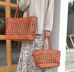 Genuine Leather Hand Woven Cuboid Shaped Ladies Tote Bag | Open Rattan Woven Triple Jump Bamboo Ladies Hobo Holiday Bag, Weekend Basket Bag - Alexel Crafts