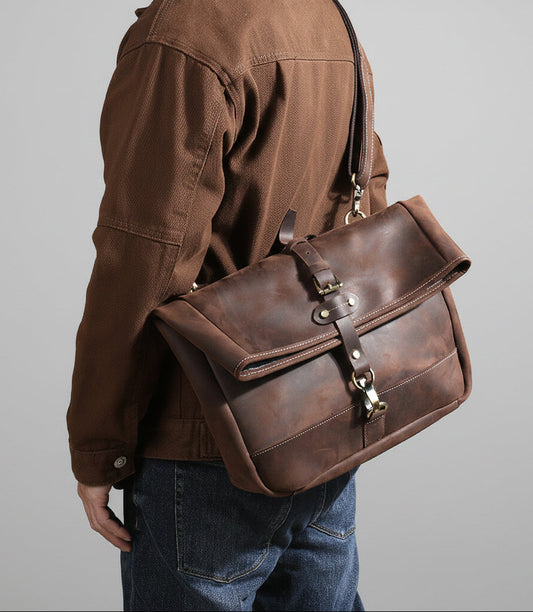 Men's Vintage Crazy Horse Leather Messenger Bag｜Handmade Rugged Fold-Over Motorcycle Crossbody & Commuter Satchel