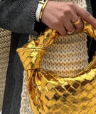 Golden/Silver Knotted Intrecciato Leather Handbag, Handcrafted Cowhide Genuine Leather Handbag, Daily Fashion Lady Bag, Designer Bag - Alexel Crafts