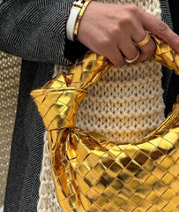 Golden/Silver Knotted Intrecciato Leather Handbag, Handcrafted Cowhide Genuine Leather Handbag, Daily Fashion Lady Bag, Designer Bag - Alexel Crafts