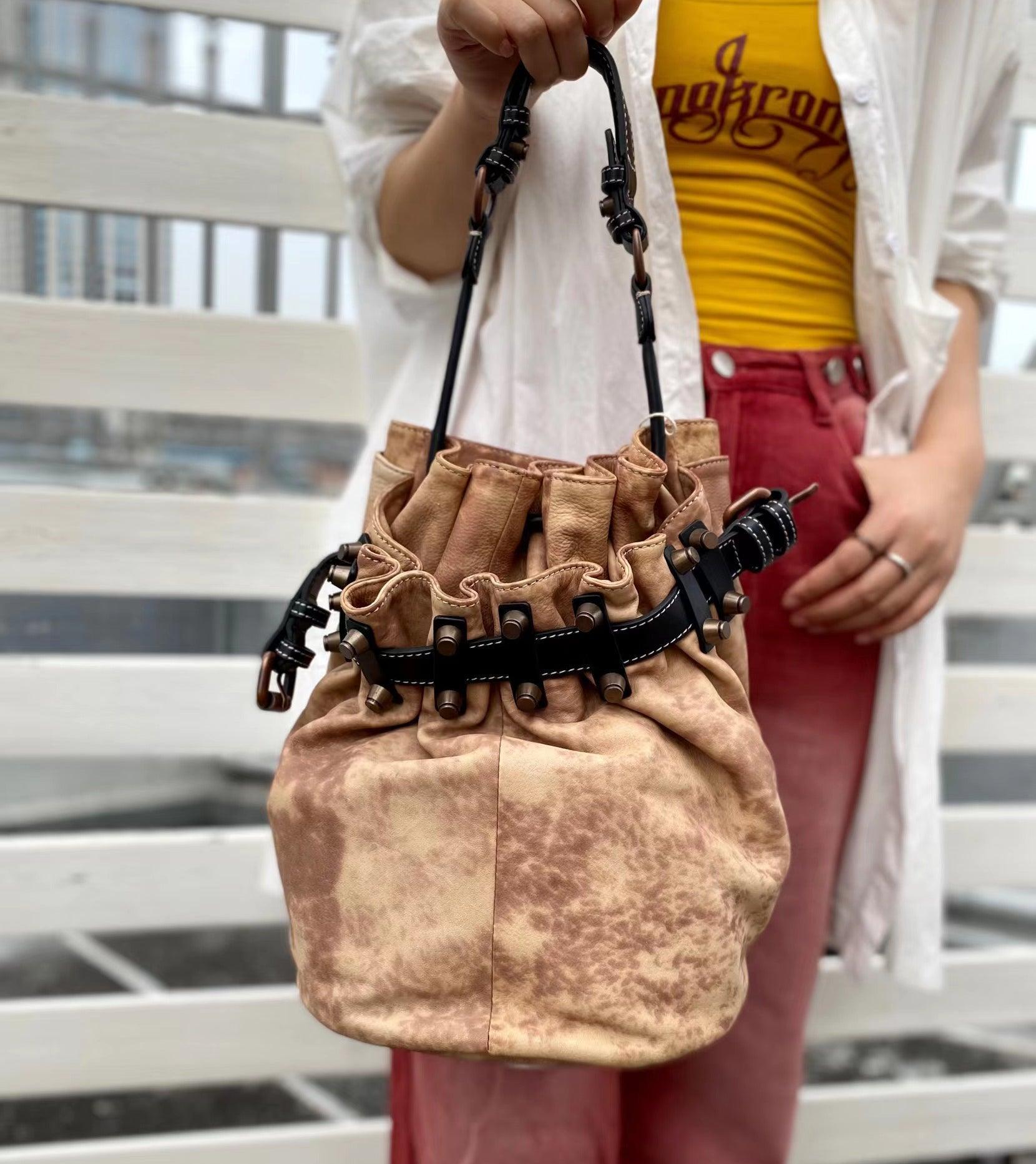 Handcrafted Bohemian Vintage Italian Leather Drawstring Bucket Shoulder Bag | A Perfect Gift for Her - Alexel Crafts