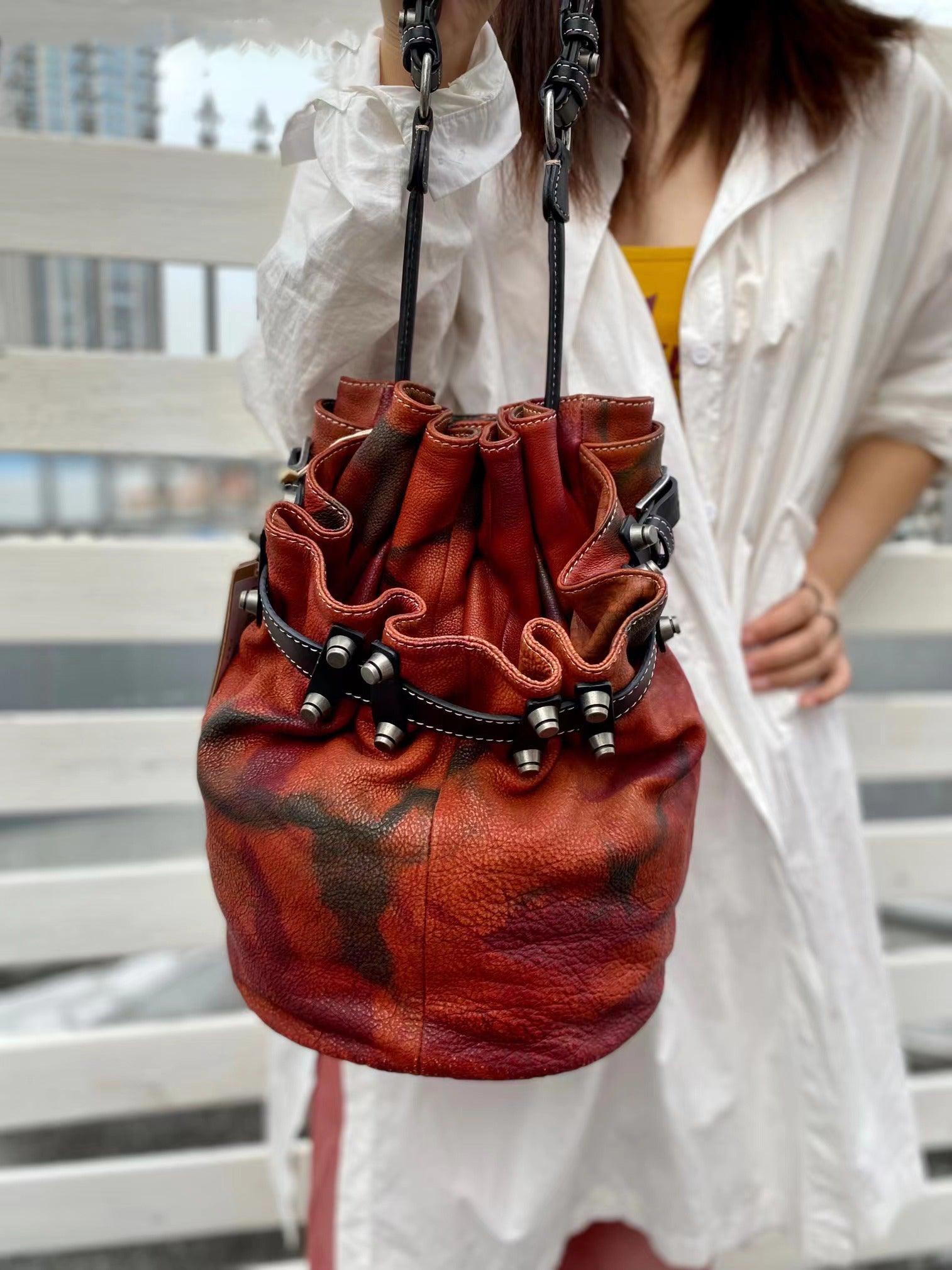 Handcrafted Bohemian Vintage Italian Leather Drawstring Bucket Shoulder Bag | A Perfect Gift for Her - Alexel Crafts