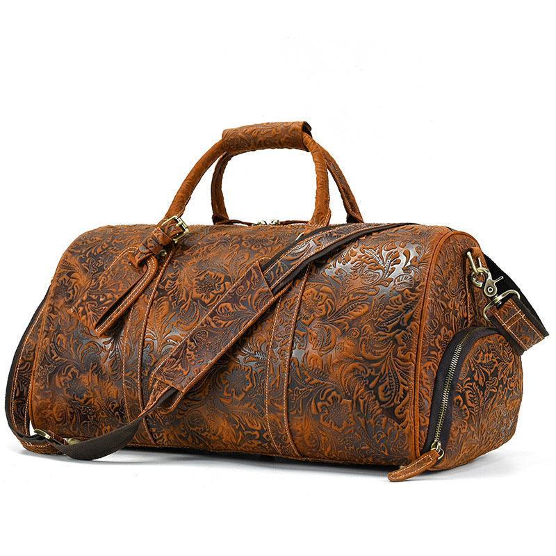 Handcrafted Embossed Cowhide Leather Duffle Bag, Large Vacation Travel Bag, Travel Holdall, Lightweight Cabin Luggage, Leather Gym Bag - Alexel Crafts