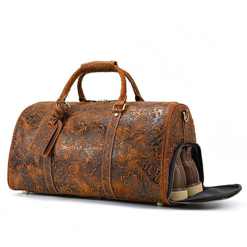 Handcrafted Embossed Cowhide Leather Duffle Bag, Large Vacation Travel Bag, Travel Holdall, Lightweight Cabin Luggage, Leather Gym Bag - Alexel Crafts