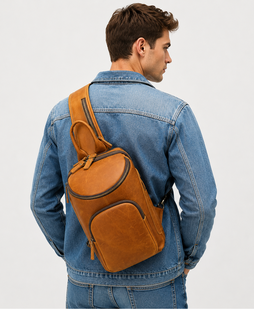 Men's Crazy Horse Leather Vintage Sling Bag — Handmade 3-Way Carry Chest / Shoulder / Backpack
