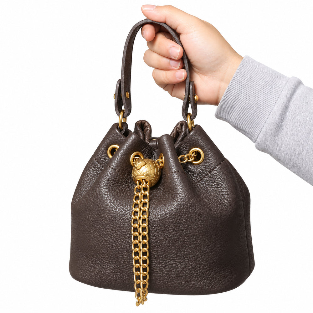 Handcrafted Top Grain Cowhide Leather Mini Bucket Bag | Women's Drawstring Chain Crossbody Purse