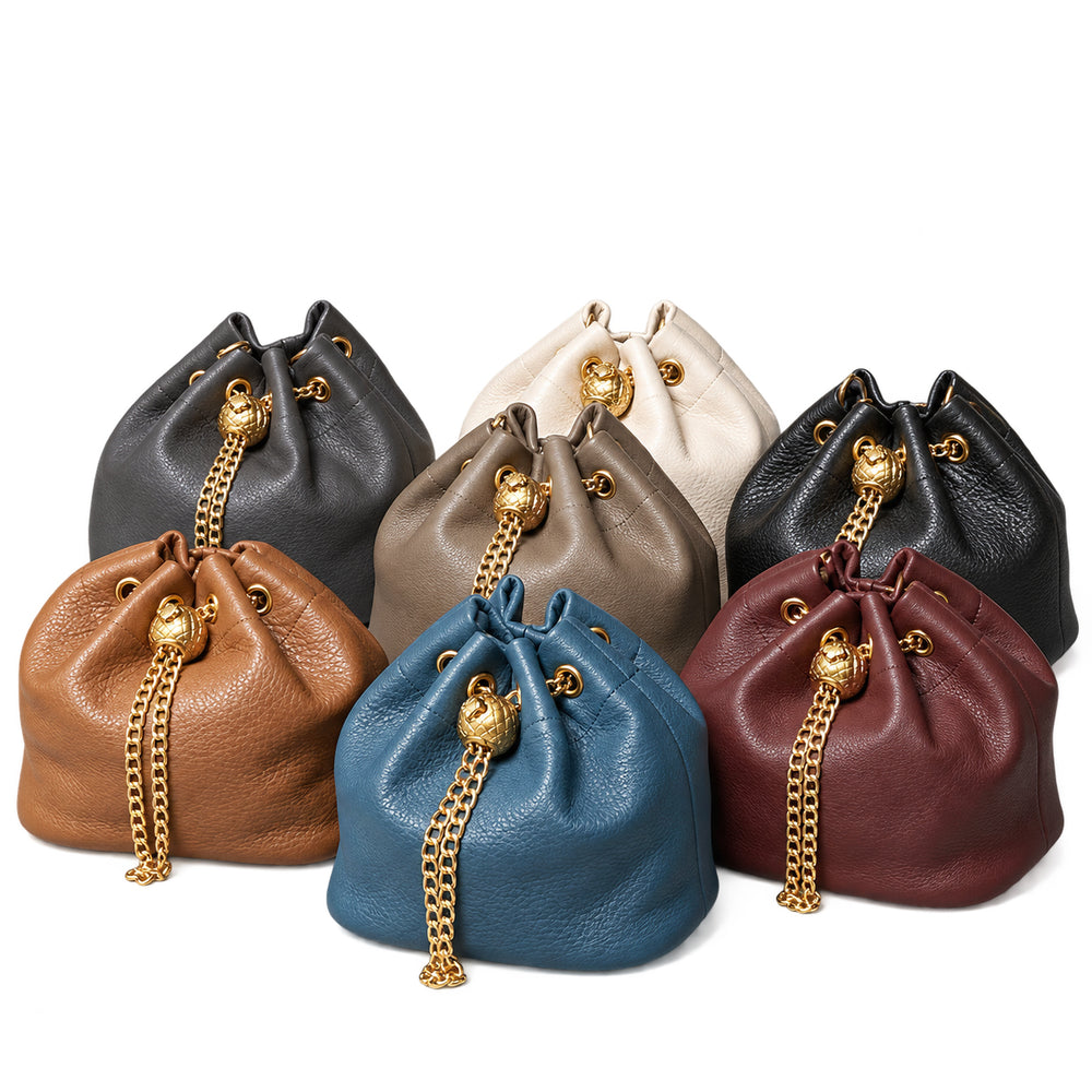 Handcrafted Top Grain Cowhide Leather Mini Bucket Bag | Women's Drawstring Chain Crossbody Purse