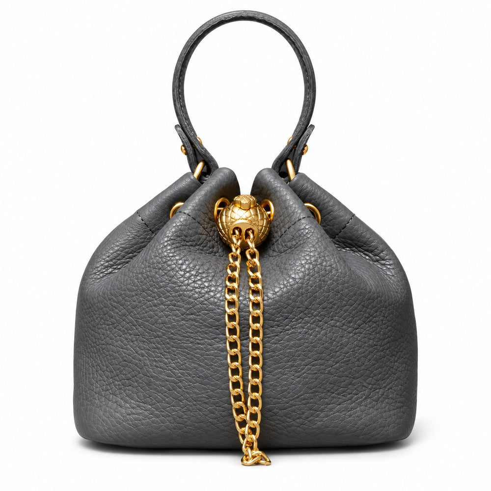 Handcrafted Top Grain Cowhide Leather Mini Bucket Bag | Women's Drawstring Chain Crossbody Purse