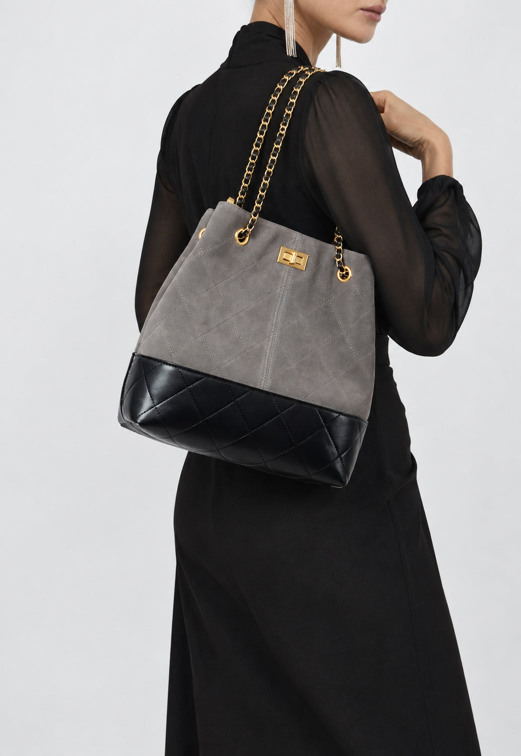 Quilted Lambskin and Suede Leather Chain Tote Bag | Women's Vintage Two-Tone Shoulder & Crossbody Bag