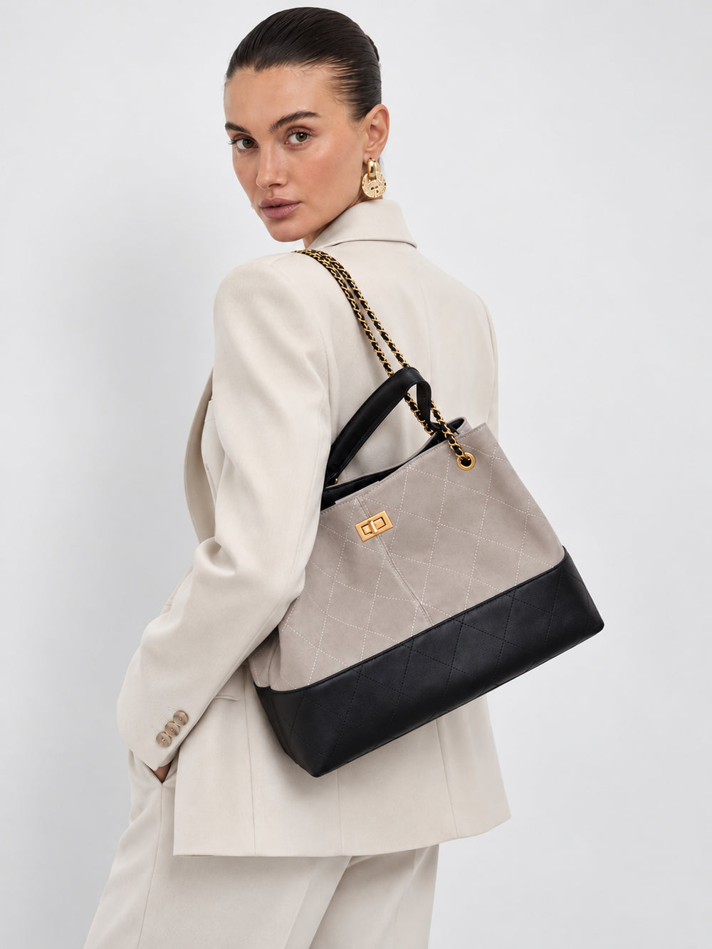 Quilted Lambskin and Suede Leather Chain Tote Bag | Women's Vintage Two-Tone Shoulder & Crossbody Bag