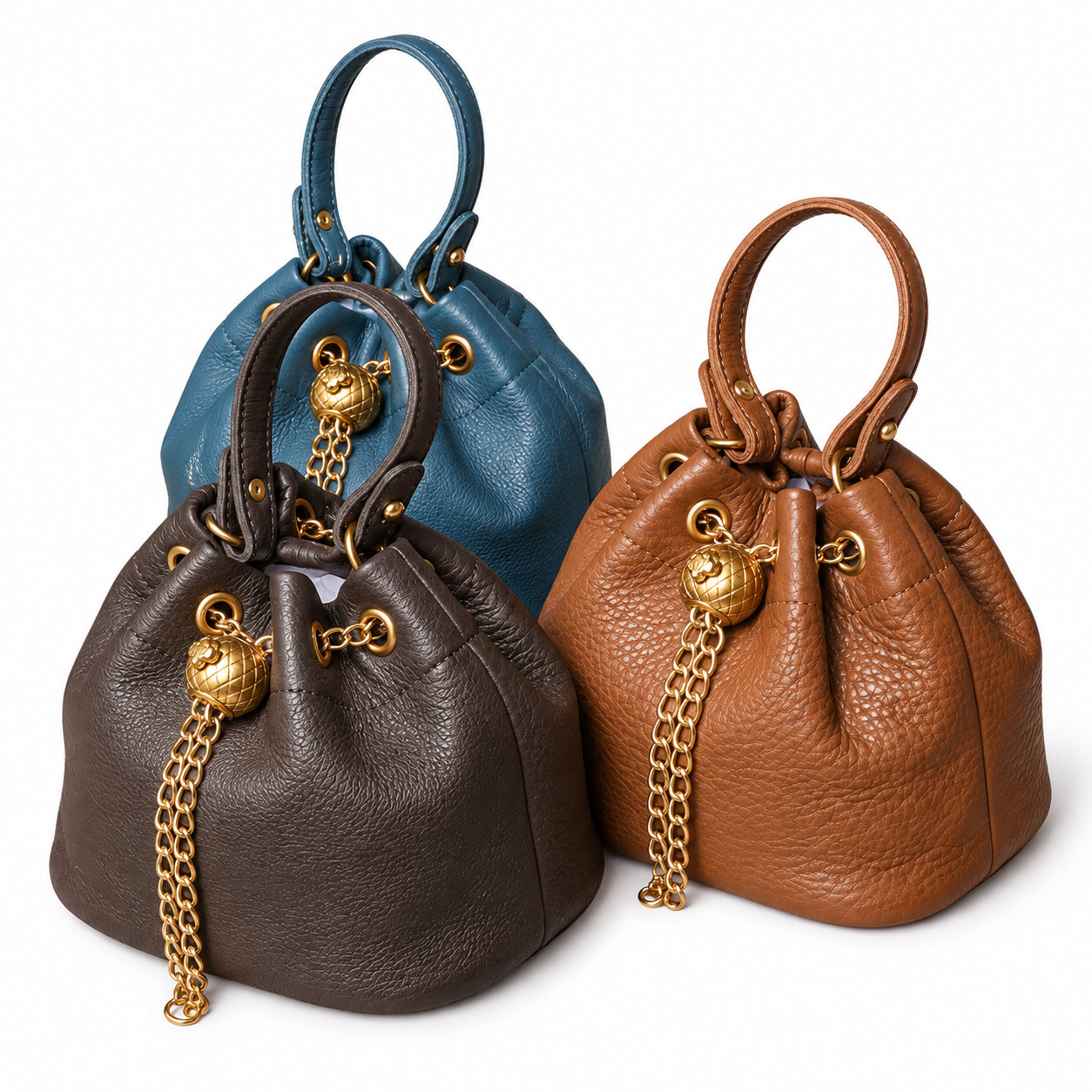 Handcrafted Top Grain Cowhide Leather Mini Bucket Bag | Women's Drawstring Chain Crossbody Purse