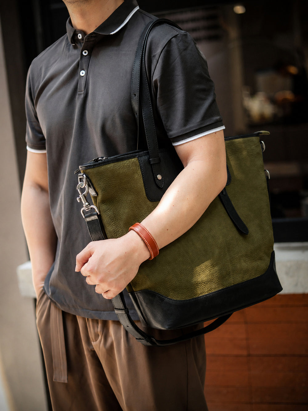 Nubuck Full Grain Leather Tote Bag | Men's Large Color-Block Shoulder & Crossbody Bag