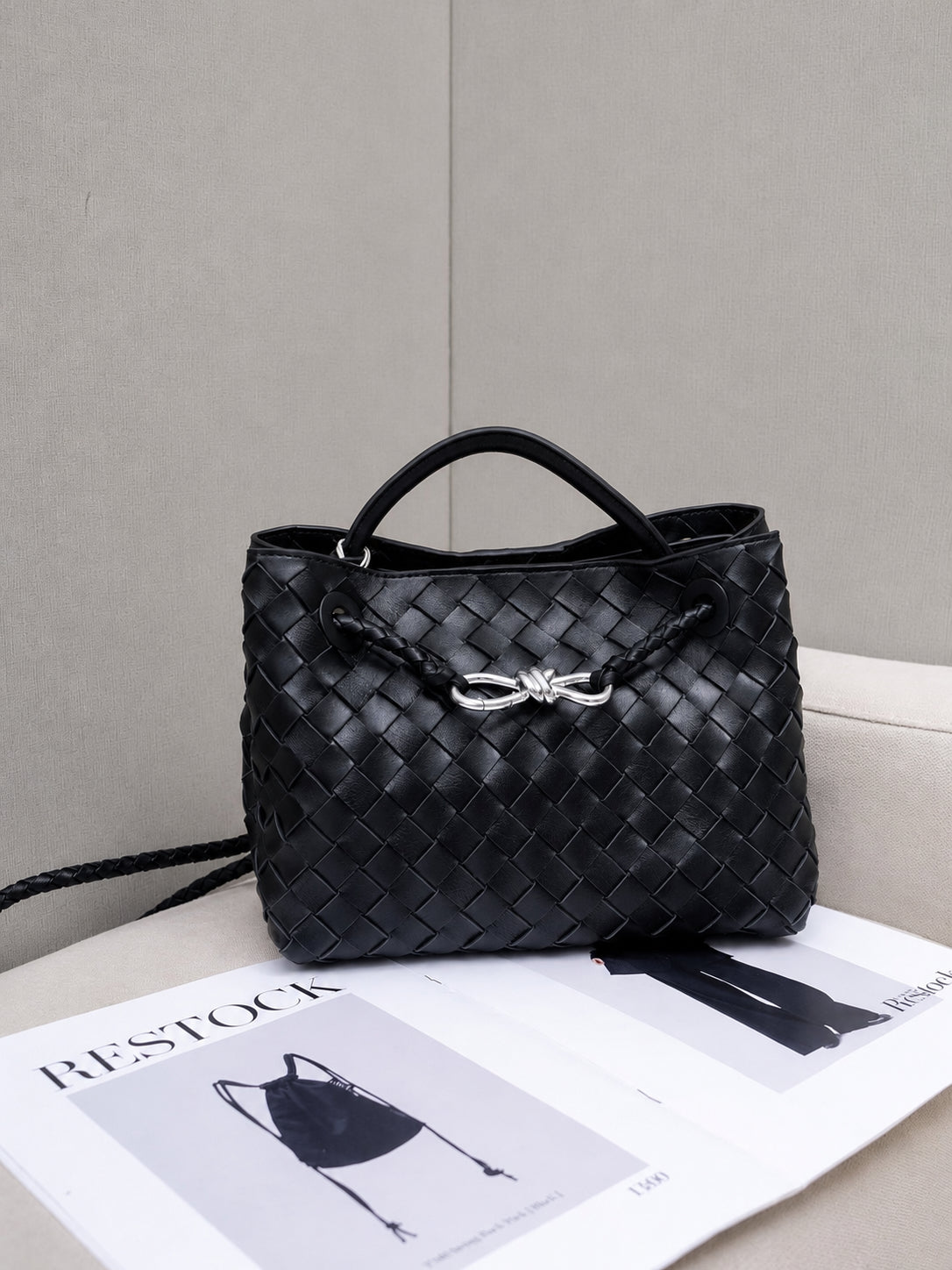 Small Lambskin Leather Knotted Intrecciato Shoulder Bag | Woven Handbag With Metal Buckle, Daily Fashion Designer Bag, Woven Shoulder Purse