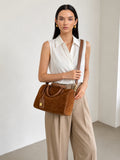 Handcrafted Suede Leather Boston Bag for Women | Padlock Charm Shoulder& Crossbody Bag | Handcrafted Matte Cowhide Top Handle Purse