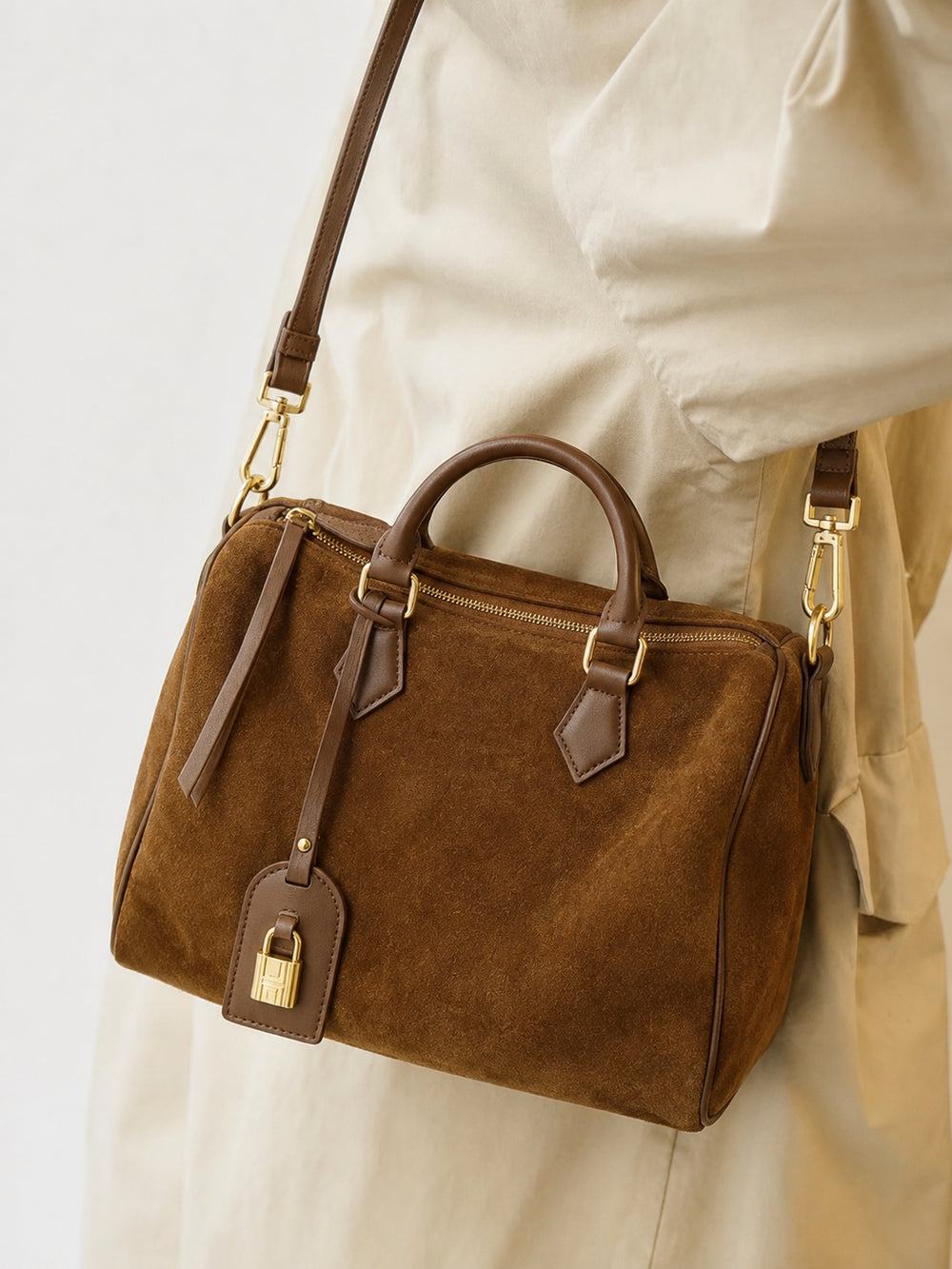 Handcrafted Suede Leather Boston Bag for Women | Padlock Charm Shoulder& Crossbody Bag | Handcrafted Matte Cowhide Top Handle Purse