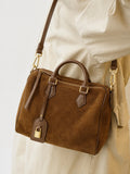 Handcrafted Suede Leather Boston Bag for Women | Padlock Charm Shoulder& Crossbody Bag | Handcrafted Matte Cowhide Top Handle Purse