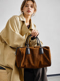 Vintage Suede Boston Bag for Women | Maillard-Tone Pillow Handbag with Detachable Strap | Niche Handcrafted Commuter Crossbody Bag