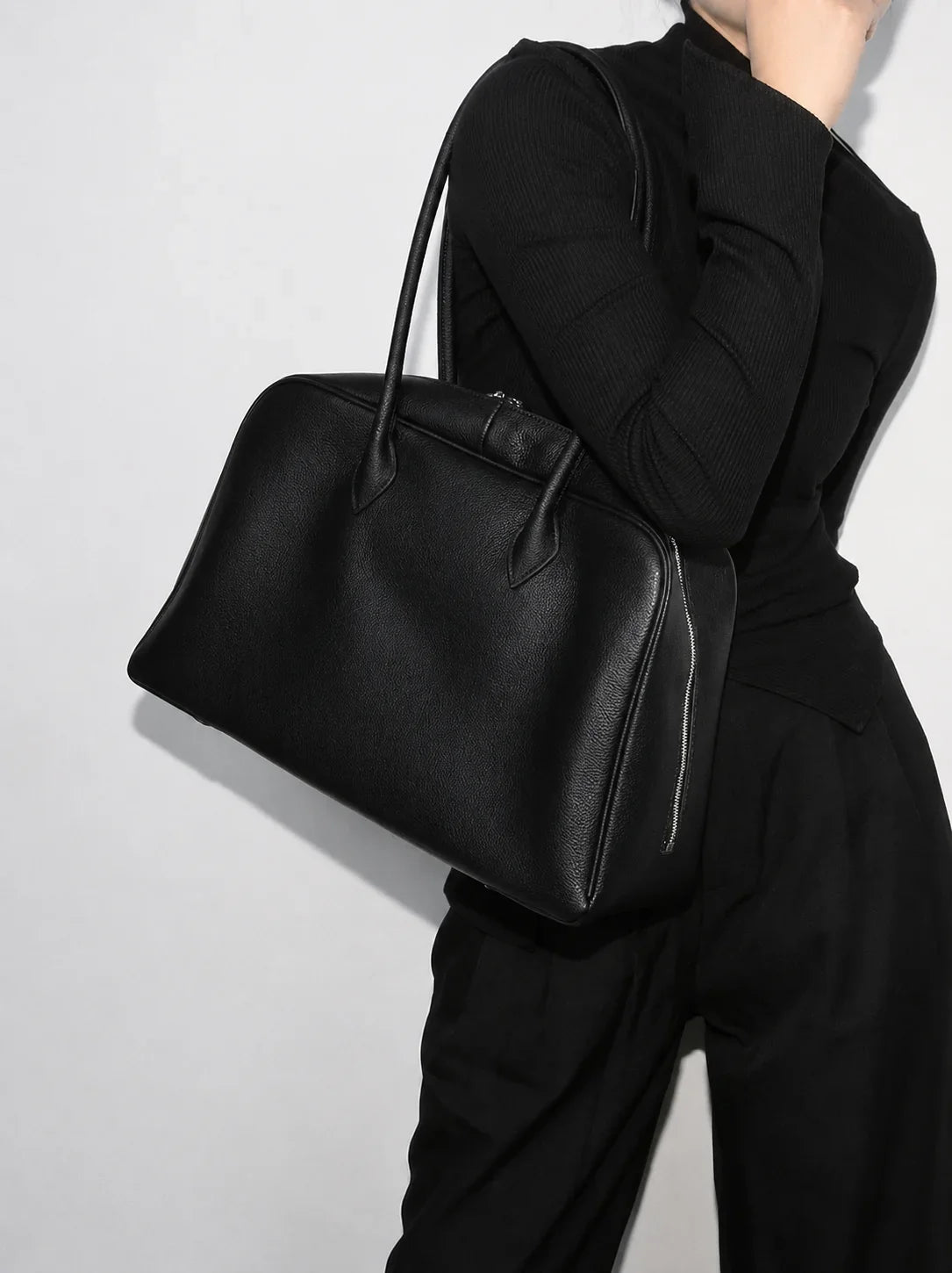 Luxury Togo Genuine Leather Boston Tote Bag for Women, Designer-Inspired Bowling Style, Large Laptop Commuter Bag