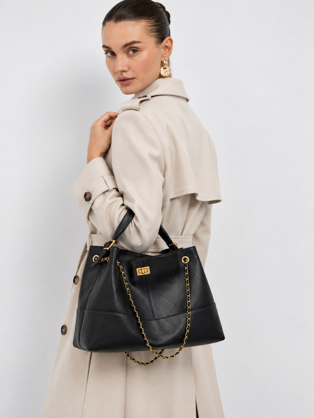 Quilted Lambskin and Suede Leather Chain Tote Bag | Women's Vintage Two-Tone Shoulder & Crossbody Bag