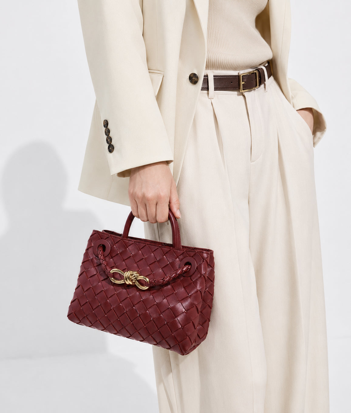 Small Lambskin Leather Knotted Intrecciato Shoulder Bag | Woven Handbag With Metal Buckle, Daily Fashion Designer Bag, Woven Shoulder Purse