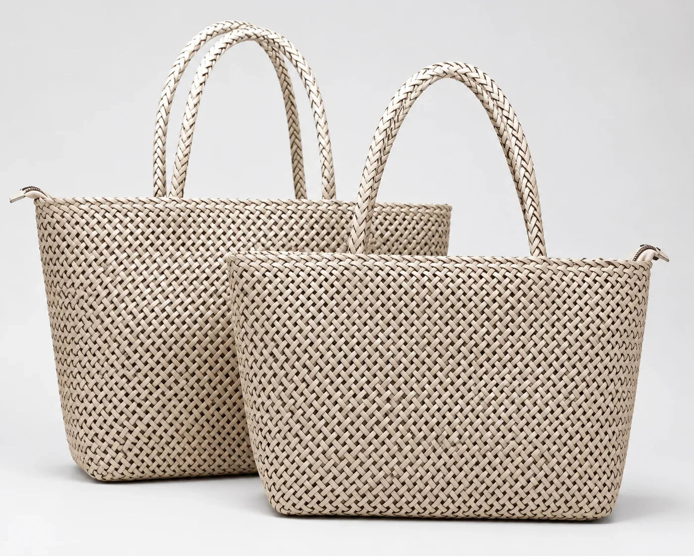 Handwoven Genuine Leather Tote Bag – Triple-Jump Bamboo Weave | Two Sizes, Leather Base, Zip Closure, 5 Colourways