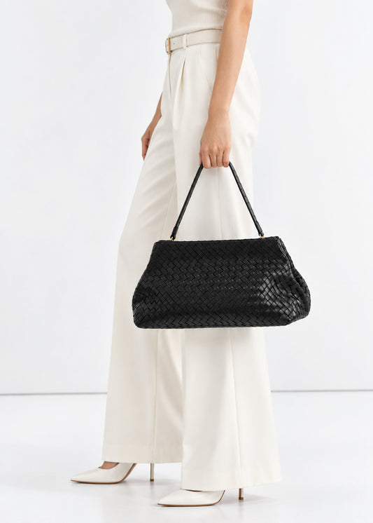 Handwoven Cowhide Leather Frame Clutch Bag | Women's Commuter Top-Handle & Shoulder Purse
