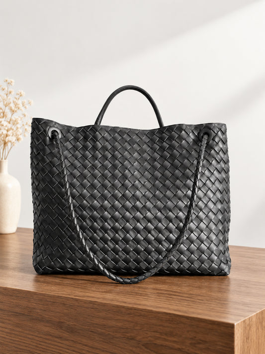 Lambskin Leather Knotted Intrecciato Shoulder Bag – Handwoven Woven Handbag | Metal Buckle, Lambskin Lining, 16 Colours