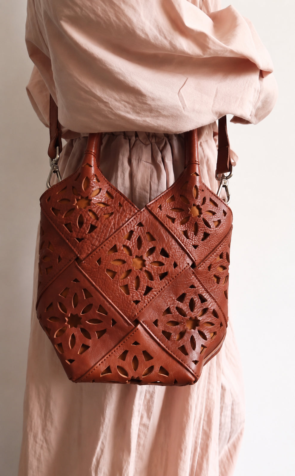 Handmade Leather Crossbody Bucket Bag, Full Grain Cowhide Floral Cut-Out Designer Bucket Bags For Women