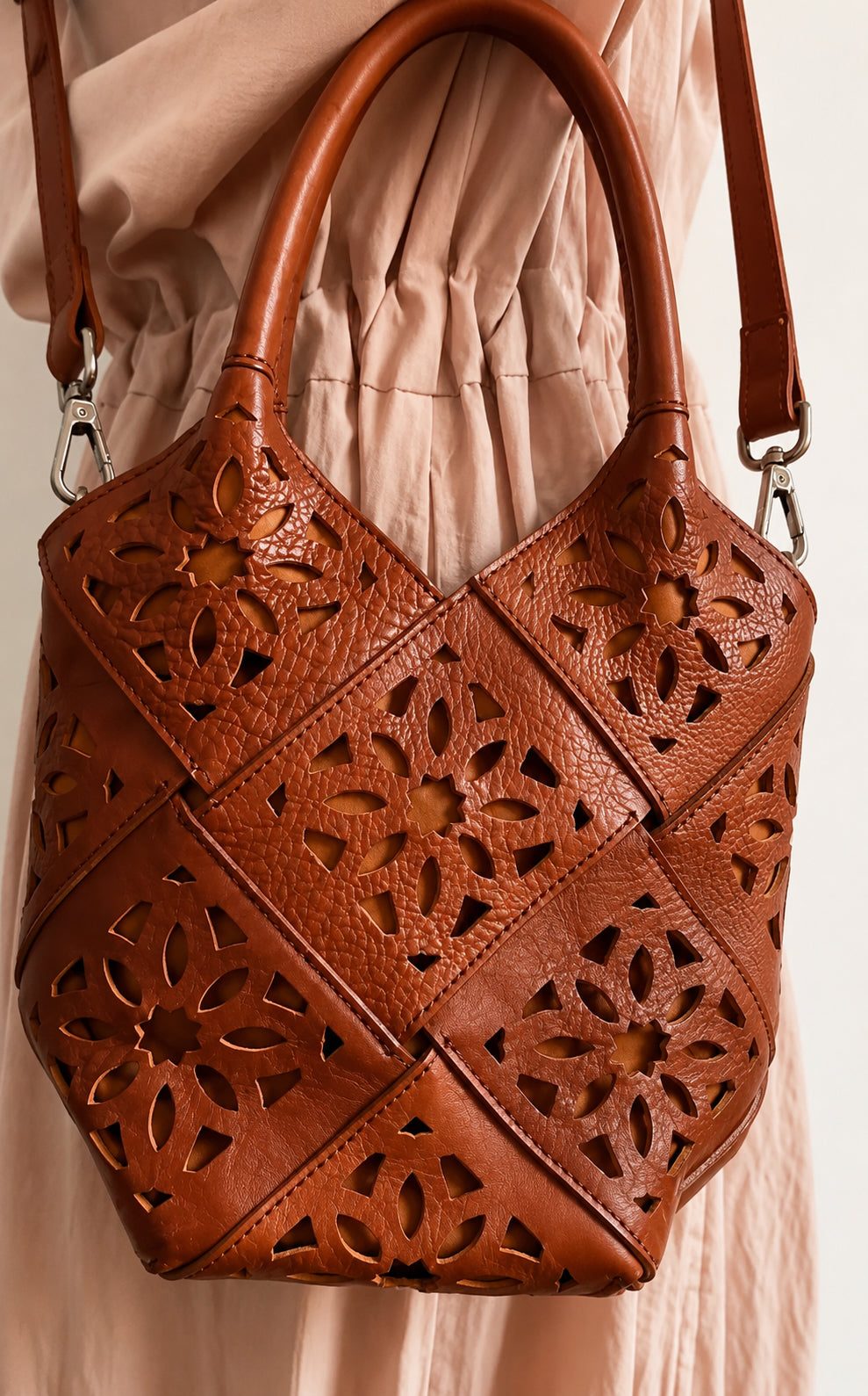 Handmade Leather Crossbody Bucket Bag, Full Grain Cowhide Floral Cut-Out Designer Bucket Bags For Women