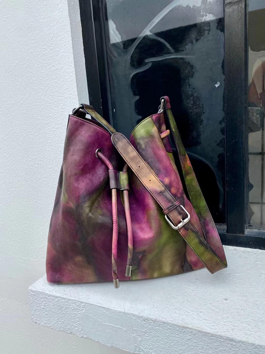 Italian Luxury Cowhide Leather Drawstring Bucket Bag in Camouflage Purple, Women Handcrafted High-End Genuine Leather Shoulder Bag - Alexel Crafts