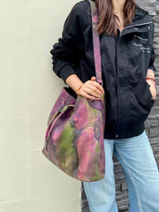 Italian Luxury Cowhide Leather Drawstring Bucket Bag in Camouflage Purple, Women Handcrafted High-End Genuine Leather Shoulder Bag - Alexel Crafts