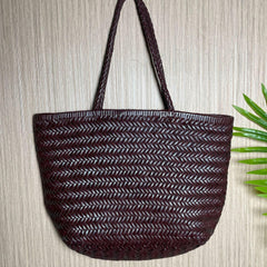 Italy Full Grain Leather Soft Woven Triple Jump Bamboo Style HandBag, Handcrafted Ladies Bag, Basket Bag, Coffee, Black, Brown - Alexel Crafts