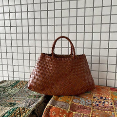 Italy Leather Woven Hobo Trapezoidal Bag, New Style Summer Beach Bag, Full Grain Leather Triple Jump Bamboo HandBag, Handcrafted Basket Bag - Alexel Crafts
