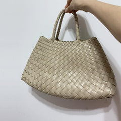 Italy Leather Woven Bag Hobo Trapezoidal Bag | New Style Summer Beach Bag Full Grain Leather Triple Jump Bamboo HandBag, Handcrafted Basket Bag - Alexel Crafts